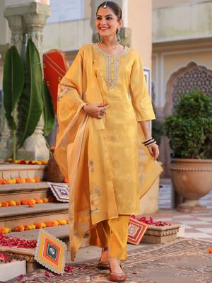 Yellow Women Ethnic Motifs Printed Chanderi Cotton Kurta with Trousers & Dupatta Set 5