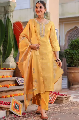 Yellow Women Ethnic Motifs Printed Chanderi Cotton Kurta with Trousers & Dupatta Set