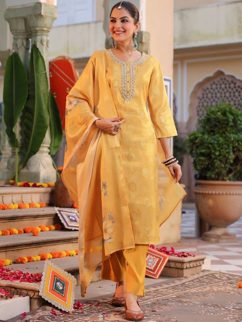 Yellow Women Ethnic Motifs Printed Chanderi Cotton Kurta with Trousers & Dupatta Set