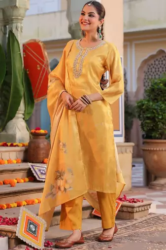 Yellow Women Ethnic Motifs Printed Chanderi Cotton Kurta with Trousers & Dupatta Set