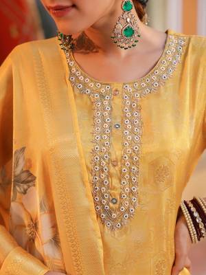 Yellow Women Ethnic Motifs Printed Chanderi Cotton Kurta with Trousers & Dupatta Set 7