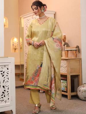 Gold Yellow Women Ethnic Motifs Printed Chanderi Cotton Kurta with Trousers & Dupatta Set 1
