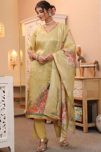 Gold Yellow Women Ethnic Motifs Printed Chanderi Cotton Kurta with Trousers & Dupatta Set