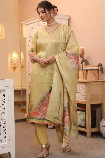 Gold Yellow Women Ethnic Motifs Printed Chanderi Cotton Kurta with Trousers & Dupatta Set