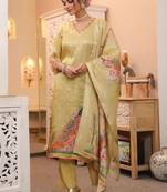 Gold Yellow Women Ethnic Motifs Printed Chanderi Cotton Kurta with Trousers & Dupatta Set