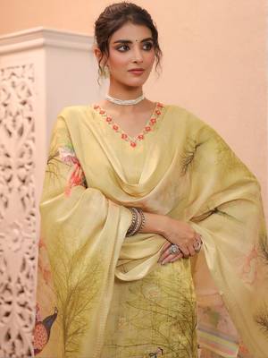 Gold Yellow Women Ethnic Motifs Printed Chanderi Cotton Kurta with Trousers & Dupatta Set 2