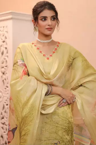 Gold Yellow Women Ethnic Motifs Printed Chanderi Cotton Kurta with Trousers & Dupatta Set