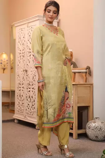 Gold Yellow Women Ethnic Motifs Printed Chanderi Cotton Kurta with Trousers & Dupatta Set