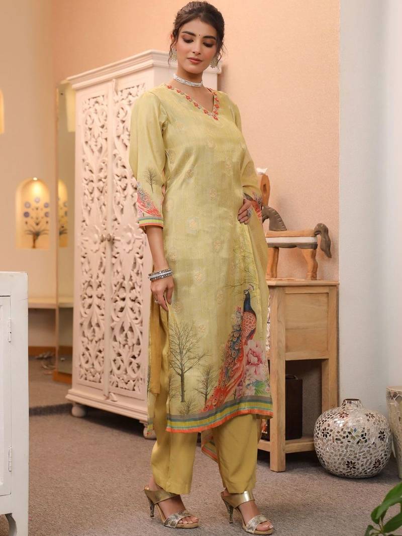 Gold Yellow Women Ethnic Motifs Printed Chanderi Cotton Kurta with Trousers & Dupatta Set