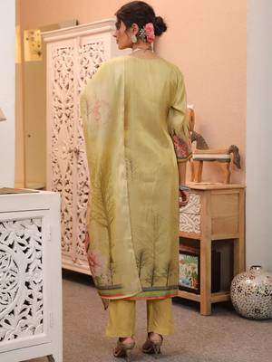 Gold Yellow Women Ethnic Motifs Printed Chanderi Cotton Kurta with Trousers & Dupatta Set 4