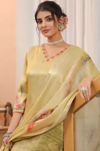 Gold Yellow Women Ethnic Motifs Printed Chanderi Cotton Kurta with Trousers & Dupatta Set