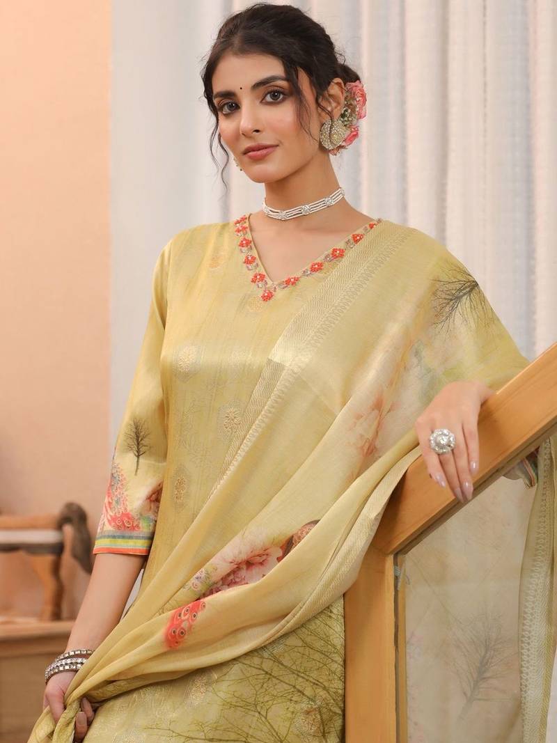 Gold Yellow Women Ethnic Motifs Printed Chanderi Cotton Kurta with Trousers & Dupatta Set