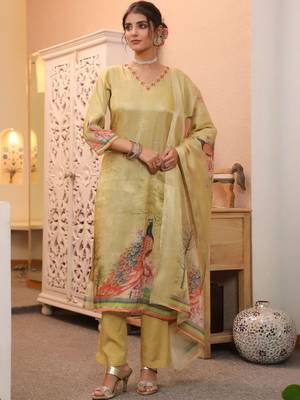 Gold Yellow Women Ethnic Motifs Printed Chanderi Cotton Kurta with Trousers & Dupatta Set 6