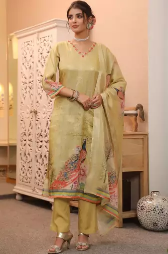 Gold Yellow Women Ethnic Motifs Printed Chanderi Cotton Kurta with Trousers & Dupatta Set