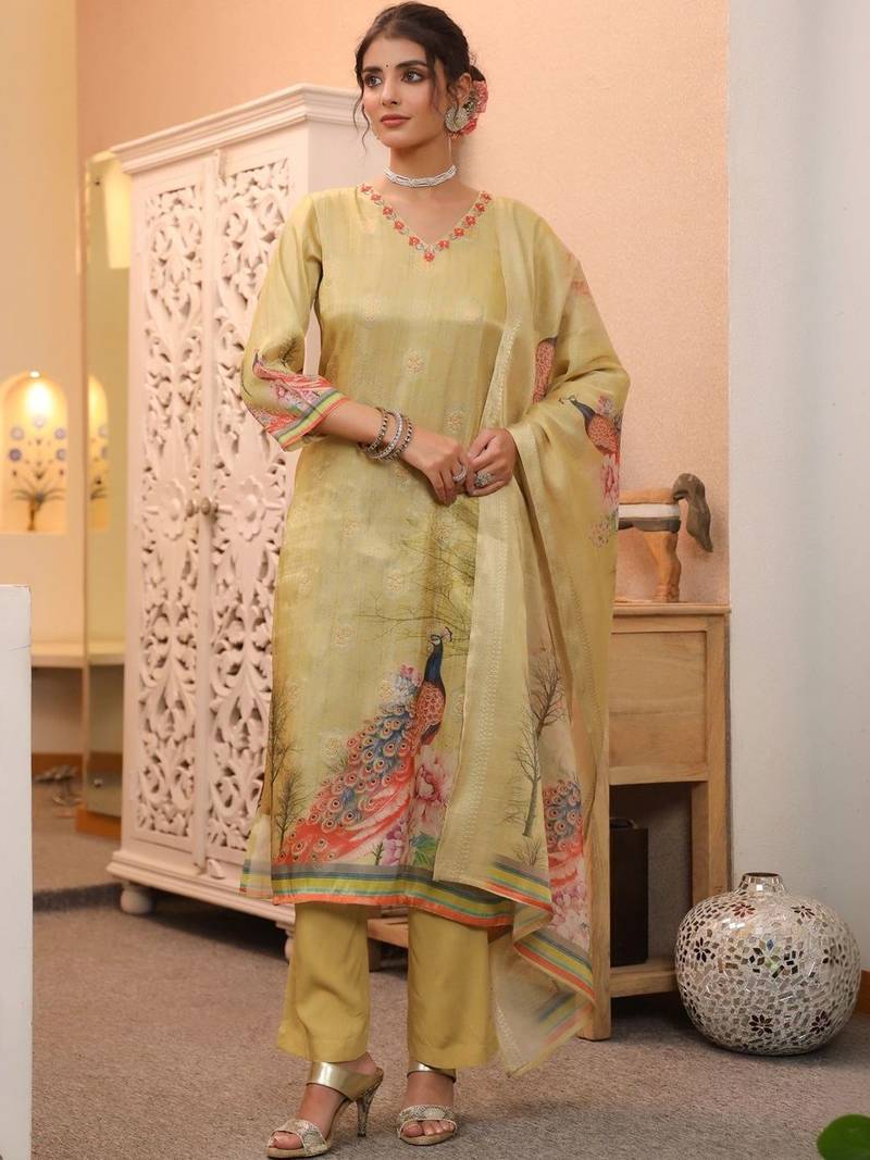 Gold Yellow Women Ethnic Motifs Printed Chanderi Cotton Kurta with Trousers & Dupatta Set