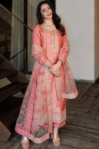 Peach Ethnic Motifs Floral Embroidered Zari Straight Kurta with Trousers & Dupatta