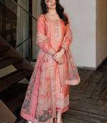 Peach Ethnic Motifs Floral Embroidered Zari Straight Kurta with Trousers & Dupatta