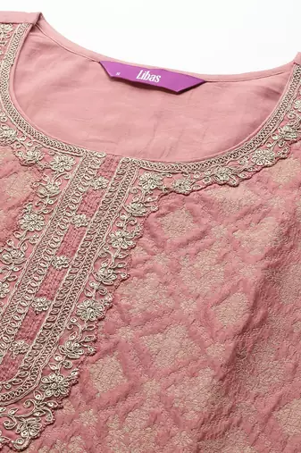 Peach Ethnic Motifs Floral Embroidered Zari Straight Kurta with Trousers & Dupatta