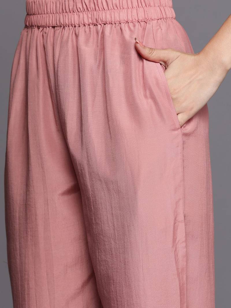 Peach Ethnic Motifs Floral Embroidered Zari Straight Kurta with Trousers & Dupatta