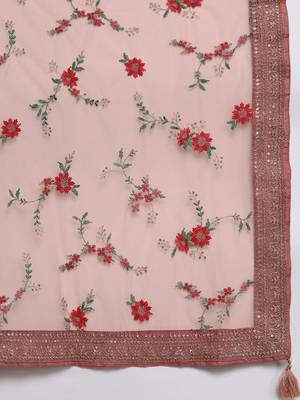 Peach Ethnic Motifs Floral Embroidered Zari Straight Kurta with Trousers & Dupatta 4
