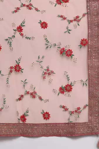 Peach Ethnic Motifs Floral Embroidered Zari Straight Kurta with Trousers & Dupatta