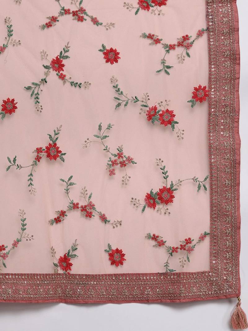 Peach Ethnic Motifs Floral Embroidered Zari Straight Kurta with Trousers & Dupatta