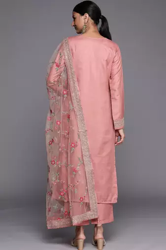 Peach Ethnic Motifs Floral Embroidered Zari Straight Kurta with Trousers & Dupatta