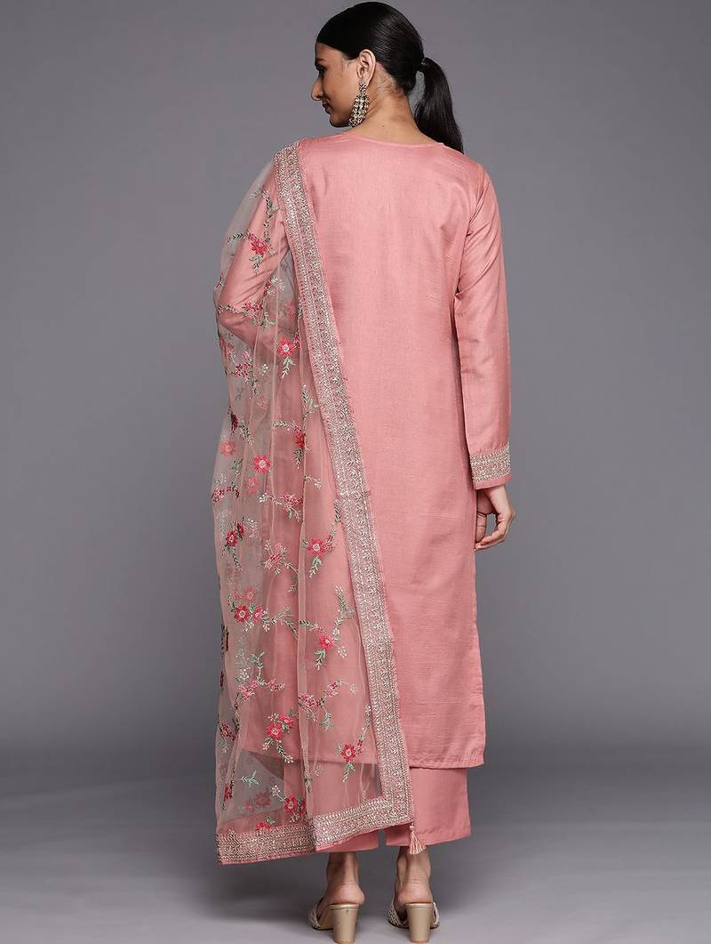 Peach Ethnic Motifs Floral Embroidered Zari Straight Kurta with Trousers & Dupatta