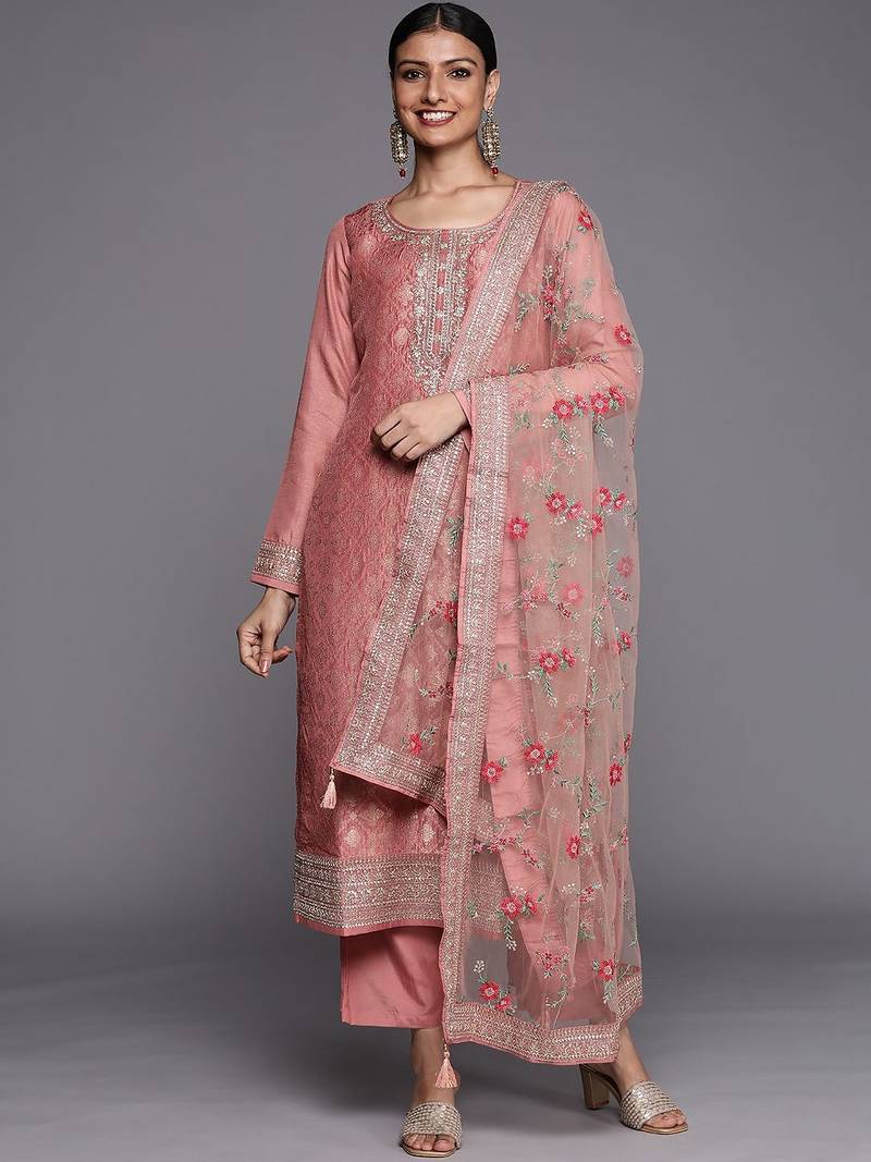 Peach Ethnic Motifs Floral Embroidered Zari Straight Kurta with Trousers & Dupatta