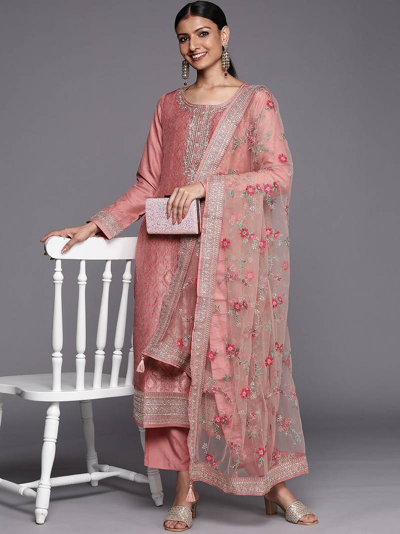 Peach Ethnic Motifs Floral Embroidered Zari Straight Kurta with Trousers & Dupatta