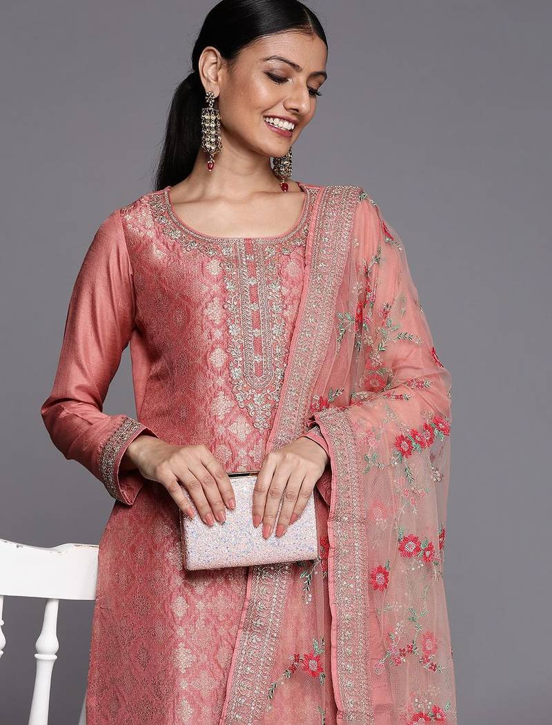 Peach Ethnic Motifs Floral Embroidered Zari Straight Kurta with Trousers & Dupatta