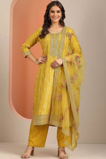 Yellow Ethnic Motifs Floral Embroidered Zari Straight Kurta with Trousers & Dupatta