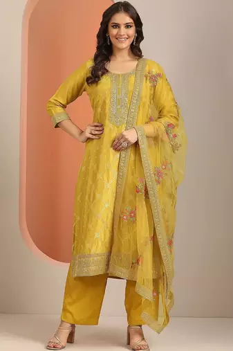Yellow Ethnic Motifs Floral Embroidered Zari Straight Kurta with Trousers & Dupatta