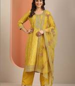Yellow Ethnic Motifs Floral Embroidered Zari Straight Kurta with Trousers & Dupatta