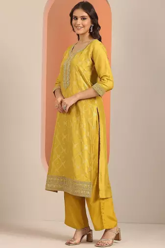 Yellow Ethnic Motifs Floral Embroidered Zari Straight Kurta with Trousers & Dupatta
