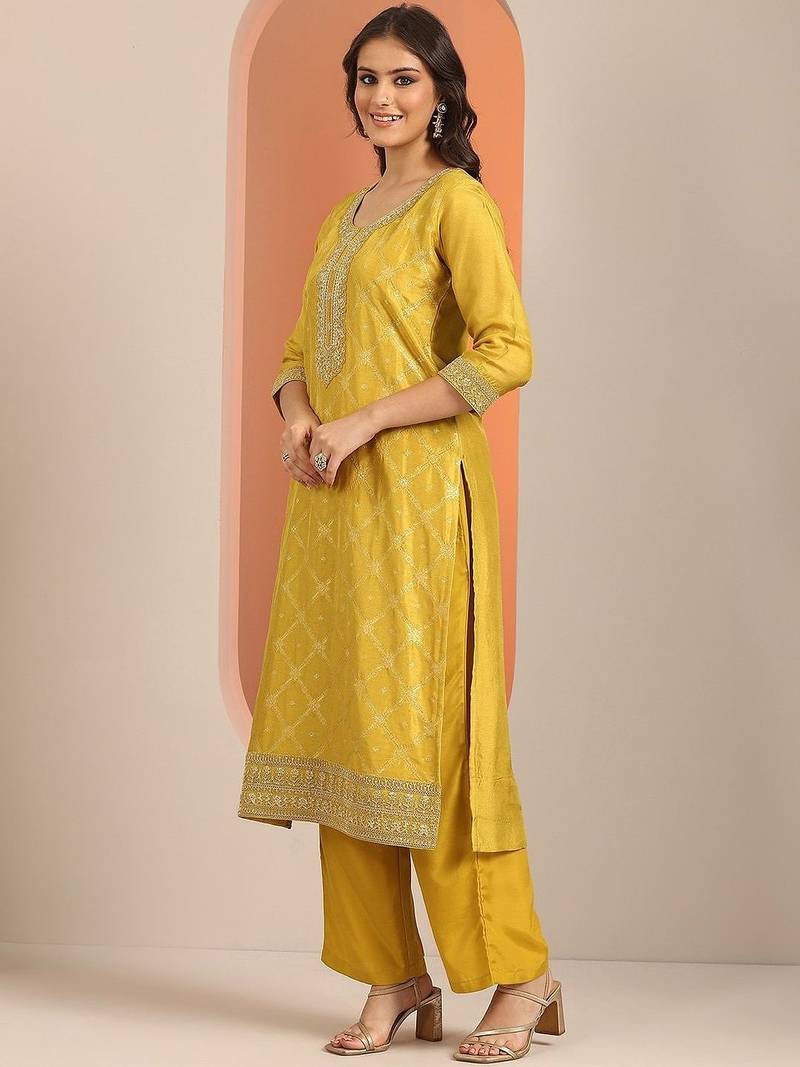 Yellow Ethnic Motifs Floral Embroidered Zari Straight Kurta with Trousers & Dupatta