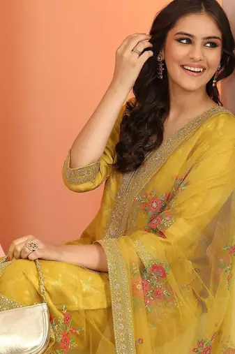 Yellow Ethnic Motifs Floral Embroidered Zari Straight Kurta with Trousers & Dupatta