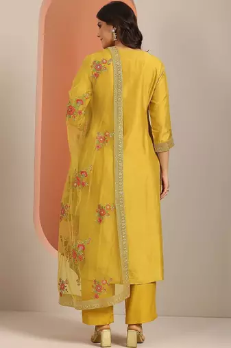 Yellow Ethnic Motifs Floral Embroidered Zari Straight Kurta with Trousers & Dupatta