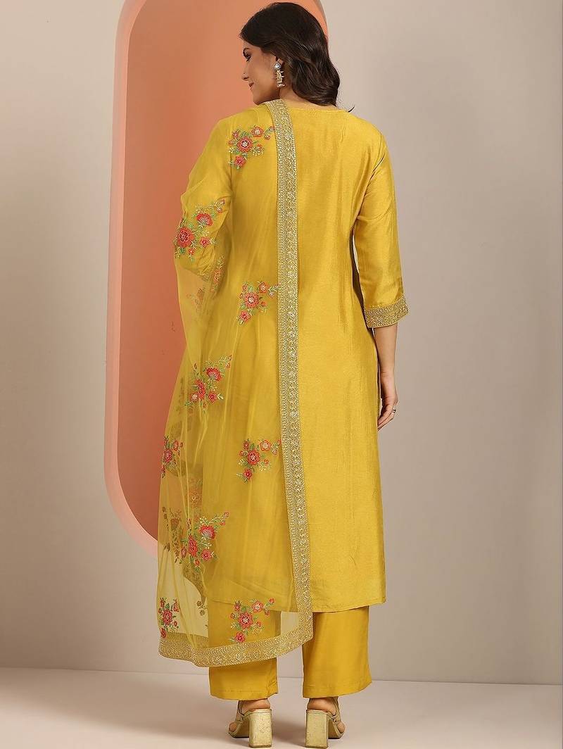 Yellow Ethnic Motifs Floral Embroidered Zari Straight Kurta with Trousers & Dupatta
