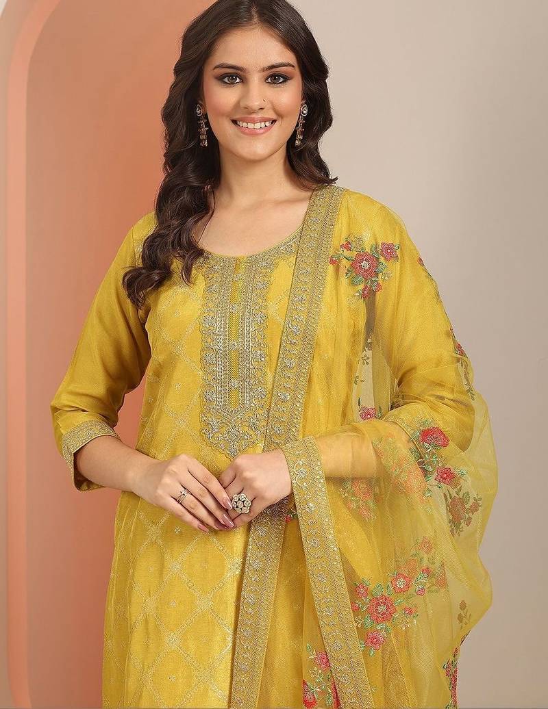 Yellow Ethnic Motifs Floral Embroidered Zari Straight Kurta with Trousers & Dupatta