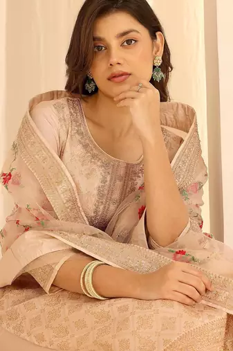 Light Peach Ethnic Motifs Floral Embroidered Zari Straight Kurta with Trousers & Dupatta