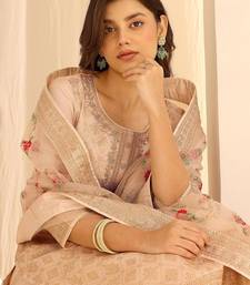 Light Peach Ethnic Motifs Floral Embroidered Zari Straight Kurta with Trousers & Dupatta