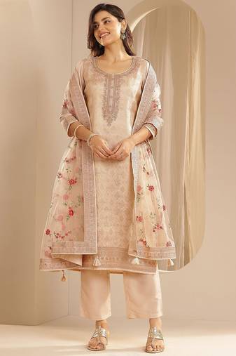 Light Peach Ethnic Motifs Floral Embroidered Zari Straight Kurta with Trousers & Dupatta