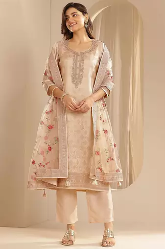 Light Peach Ethnic Motifs Floral Embroidered Zari Straight Kurta with Trousers & Dupatta