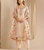Light Peach Ethnic Motifs Floral Embroidered Zari Straight Kurta with Trousers & Dupatta
