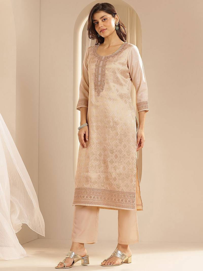 Light Peach Ethnic Motifs Floral Embroidered Zari Straight Kurta with Trousers & Dupatta