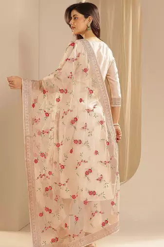 Light Peach Ethnic Motifs Floral Embroidered Zari Straight Kurta with Trousers & Dupatta