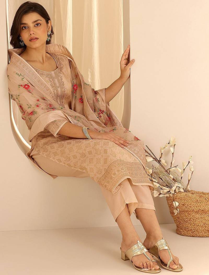 Light Peach Ethnic Motifs Floral Embroidered Zari Straight Kurta with Trousers & Dupatta