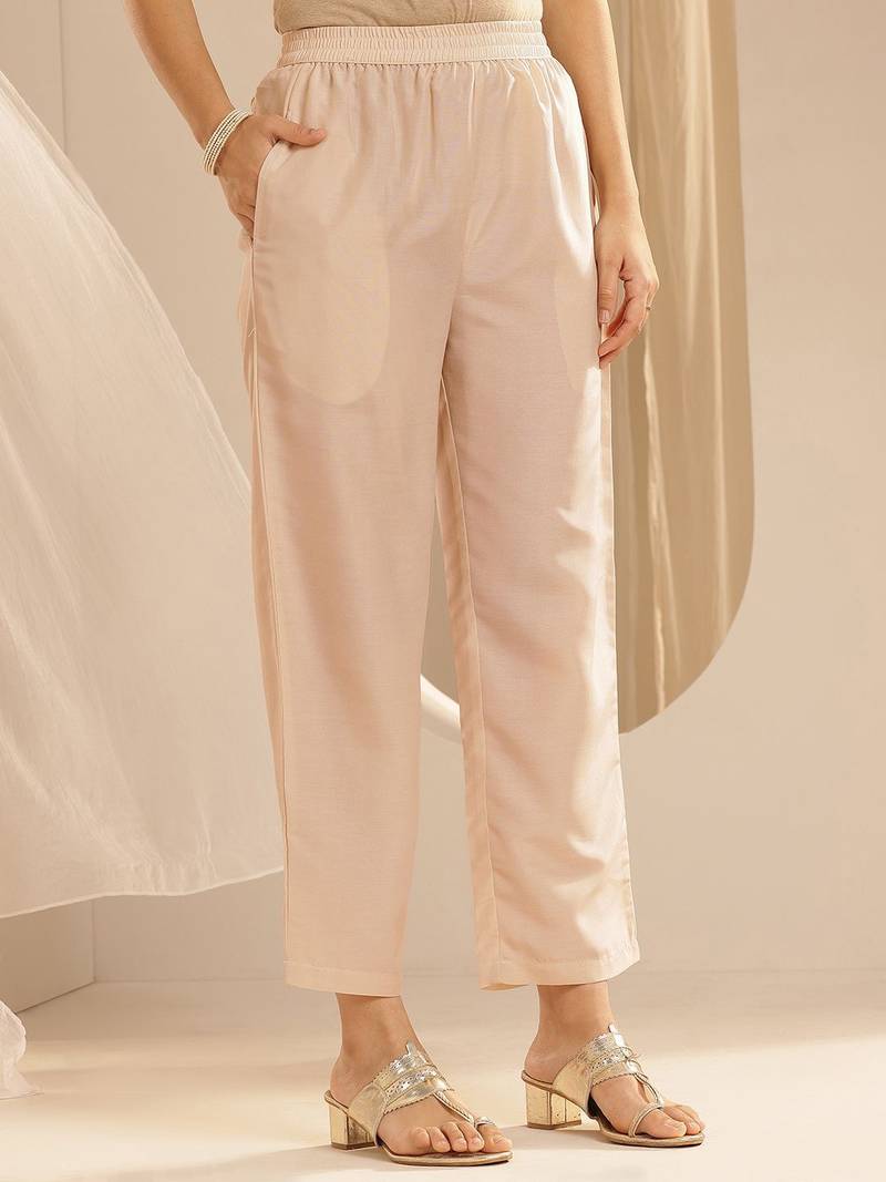Light Peach Ethnic Motifs Floral Embroidered Zari Straight Kurta with Trousers & Dupatta