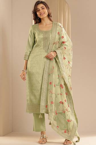 Green Ethnic Motifs Floral Embroidered Zari Straight Kurta with Trousers & Dupatta
